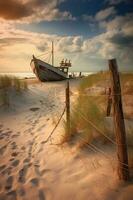 en fotografera av en folktom strand med ett gammal bruten staket löpning längs de sanddyner i de förgrund och kluster av hav havre. ai generativ foto