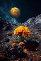 neptunian asteroid med en ensam levande ringblomma blomning på annat mörk karg sten. ai generativ foto