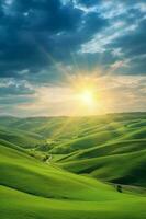 de Sol stiger över en sluttning med gräs- fält och ett område med en kulle. ai generativ foto