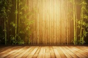 solljus av tropisk bambu träd blad skugga på brun trä- panel vägg med trä spannmål. ai generativ foto