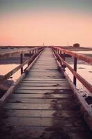 de små trä- bro över de strand i en solnedgång, i de stil av skiktad bilder med subtil ironi. ai generativ foto