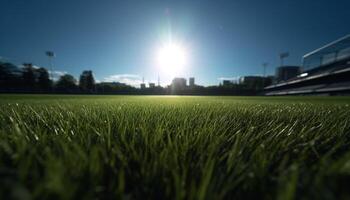 grön äng, ljus Sol, fotboll boll Framgång genererad förbi ai foto