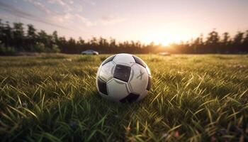 spelar fotboll på grön fält under Sol genererad förbi ai foto