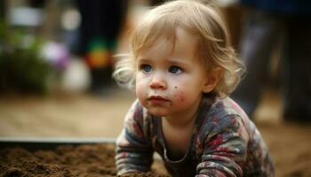 leende bebis flicka spelar i de sand genererad förbi ai foto