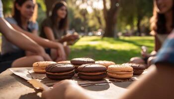 vänner njuter en picknick med ljuv behandlar genererad förbi ai foto