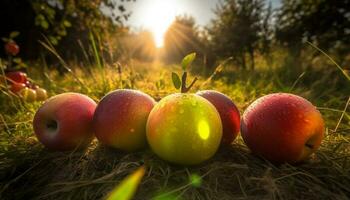 mogen äpplen i de fruktträdgård, färsk skörda genererad förbi ai foto