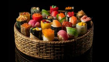 färsk skaldjur måltid, rullad upp maki sushi tallrik genererad förbi ai foto