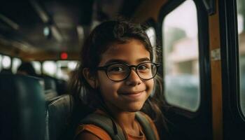 söt flicka leende på buss äventyr resa genererad förbi ai foto
