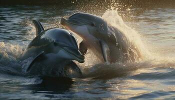 lekfull delfiner Hoppar i de gnistrande vatten genererad förbi ai foto