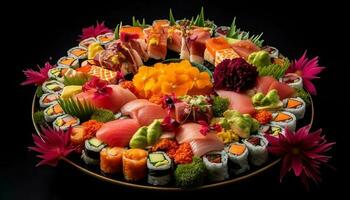 färsk skaldjur sashimi tallrik med friska variation genererad förbi ai foto