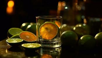 färsk frukt cocktail på trä- tabell på natt genererad förbi ai foto