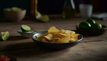 färsk guacamole på trä- tabell med tortilla pommes frites genererad förbi ai foto