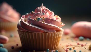 söt hemlagad muffins med rosa glasyr dekoration genererad förbi ai foto