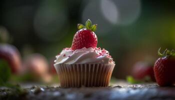 färsk bakad cupcakes, bär pålägg, ljuv flathet genererad förbi ai foto