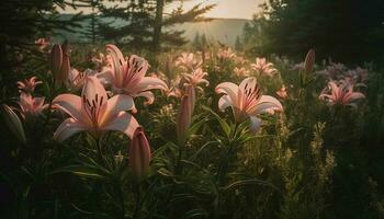 vibrerande vild blomma i de lantlig äng genererad förbi ai foto