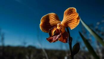 vibrerande orkide blomma i frodig grön äng genererad förbi ai foto