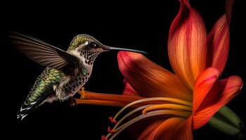 kolibri svävande, spridning regnbågsskimrande vingar, pollinerande blomma genererad förbi ai foto