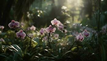 färsk rosa orkide blomma i sommar äng genererad förbi ai foto