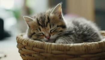fluffig kattunge sovande i bekväm korg inomhus genererad förbi ai foto