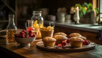 nyligen bakad muffins på rustik trä- tabell genererad förbi ai foto