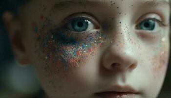 söt barn med färgrik ansikte måla ler glatt genererad förbi ai foto