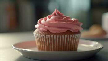 en hemlagad rosa muffin med krämig glasyr genererad förbi ai foto