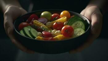 färsk vegetarian sallad skål med organisk Ingredienser och mång färgad grönsaker genererad förbi ai foto