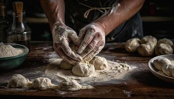 handgjort bröd deg förberedelse på rustik trä- tabell inomhus genererad förbi ai foto