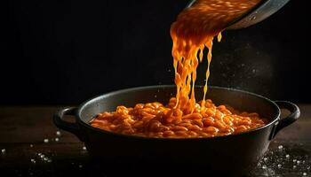 färsk vegetarian pasta måltid kokta i rustik trä- matlagning panorera genererad förbi ai foto