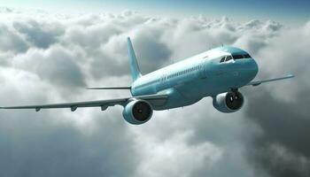 blå kommersiell flygplan flygande mitten luft, tar av för företag resa genererad förbi ai foto