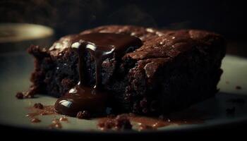 eftergiven hemlagad tomte skiva med mörk choklad och fudge sås genererad förbi ai foto