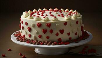 hjärta formad cheesecake med hallon och jordgubb dekoration på en tallrik genererad förbi ai foto