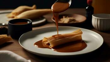 färsk gourmet måltid på trä- tallrik med honung glaserad efterrätt genererad förbi ai foto