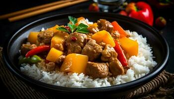 friska måltid av ångad fläsk och grönsaker med ris häfta genererad förbi ai foto
