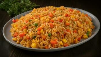 friska vegetarian saffran ris med färsk grönsaker och örter genererad förbi ai foto