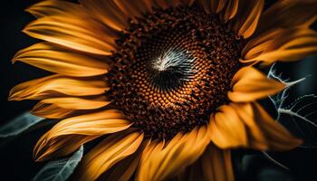 vibrerande solros blomma i natur äng, stänga upp med pollen genererad förbi ai foto