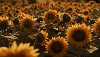 vibrerande solros blomma i äng, lockar bi med pollen genererad förbi ai foto