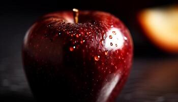 färsk äpple släppa på våt blad, reflekterande natur organisk sötma genererad förbi ai foto