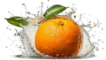 färsk citrus- frukt skiva faller in i vatten, stänk och besprutning genererad förbi ai foto