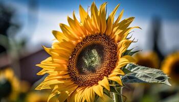 vibrerande solros i äng, pollinerad förbi bi, mogen för skörd genererad förbi ai foto