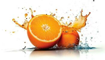 saftig citrus- skiva faller in i uppfriskande vatten, stänk vibrerande färger genererad förbi ai foto