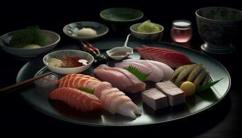 färsk skaldjur måltid med sashimi, nigiri, och maki sushi genererad förbi ai foto