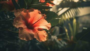 vibrerande hibiskus blomma i tropisk regnskog, en färgrik abstrakt mönster genererad förbi ai foto