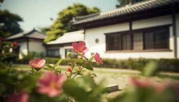 mång färgad blomma blommar i formell japansk trädgård med historisk arkitektur genererad förbi ai foto