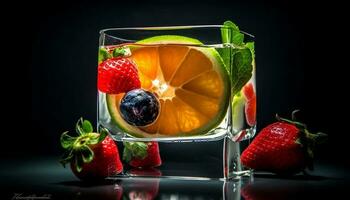 saftig bär cocktail med färsk jordgubb och mynta blad garnering genererad förbi ai foto