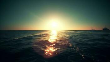 solnedgång över lugn havsbild, horisont speglar skönhet i natur genererad förbi ai foto