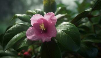 färsk rosa hibiskus blomma, våt med dagg, i formell trädgård genererad förbi ai foto