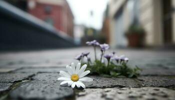 färsk daisy blomma i natur äng, skönhet i gul och lila genererad förbi ai foto