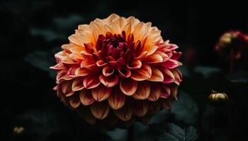 vibrerande dahlia blomma, stänga upp av mång färgad kronblad i våt trädgård genererad förbi ai foto