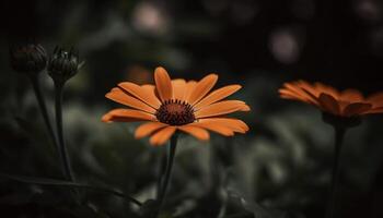 vibrerande kamomill blomma i lugn äng på solnedgång, defocused bakgrund genererad förbi ai foto